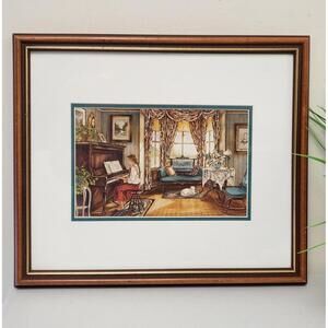 1982 Trisha Romance The Music Parlour Print Wood Framed Wall Hanging 13"L x 11"W